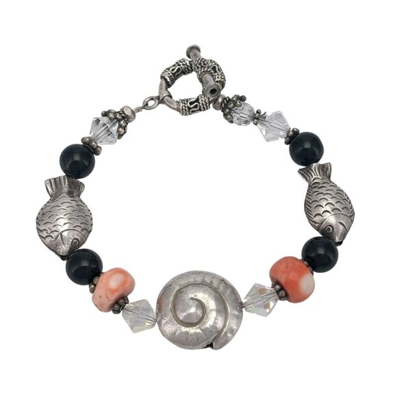 Vintage Sterling Silver 925 Nautical Fish Shell Beaded Charm Bracelet 7.5" - Picture 1 of 5